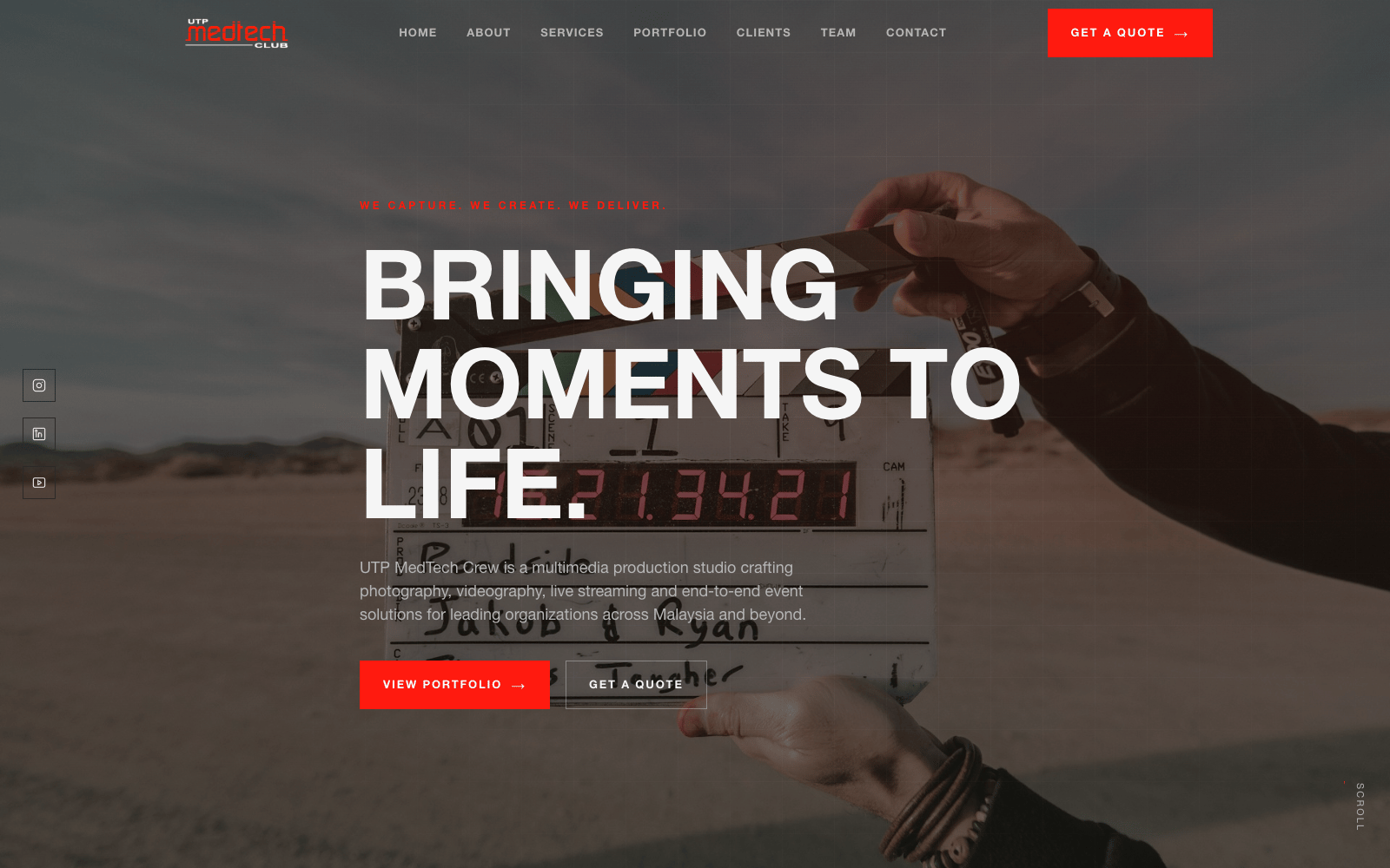 UTP MedTech website hero — film slate with “Bringing moments to life.”